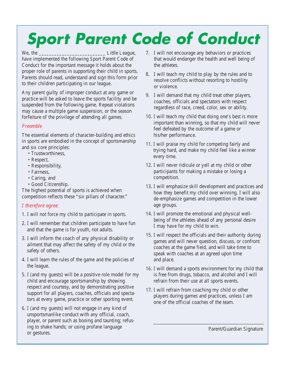 Sport Parent Code Of Conduct Template Download Printable PDF 