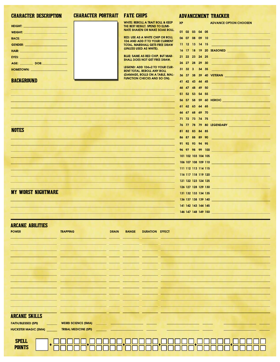 Deadlands Character Sheet - Yellow Download Printable PDF | Templateroller