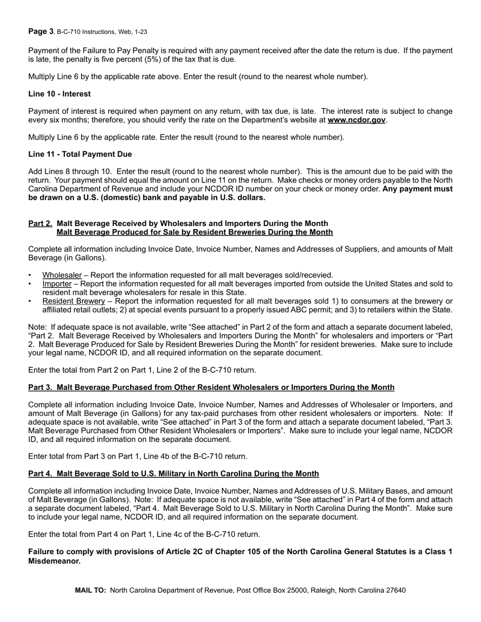 Instructions for Form B-C-710 Malt Beverages Wholesaler and Importer and Resident Brewery Excise Tax Return - North Carolina, Page 3