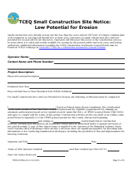 Document preview: Form TCEQ-20964 Small Construction Site Notice: Low Potential for Erosion - Texas