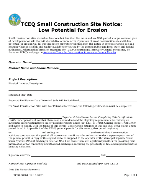 Form TCEQ-20964 Small Construction Site Notice: Low Potential for Erosion - Texas