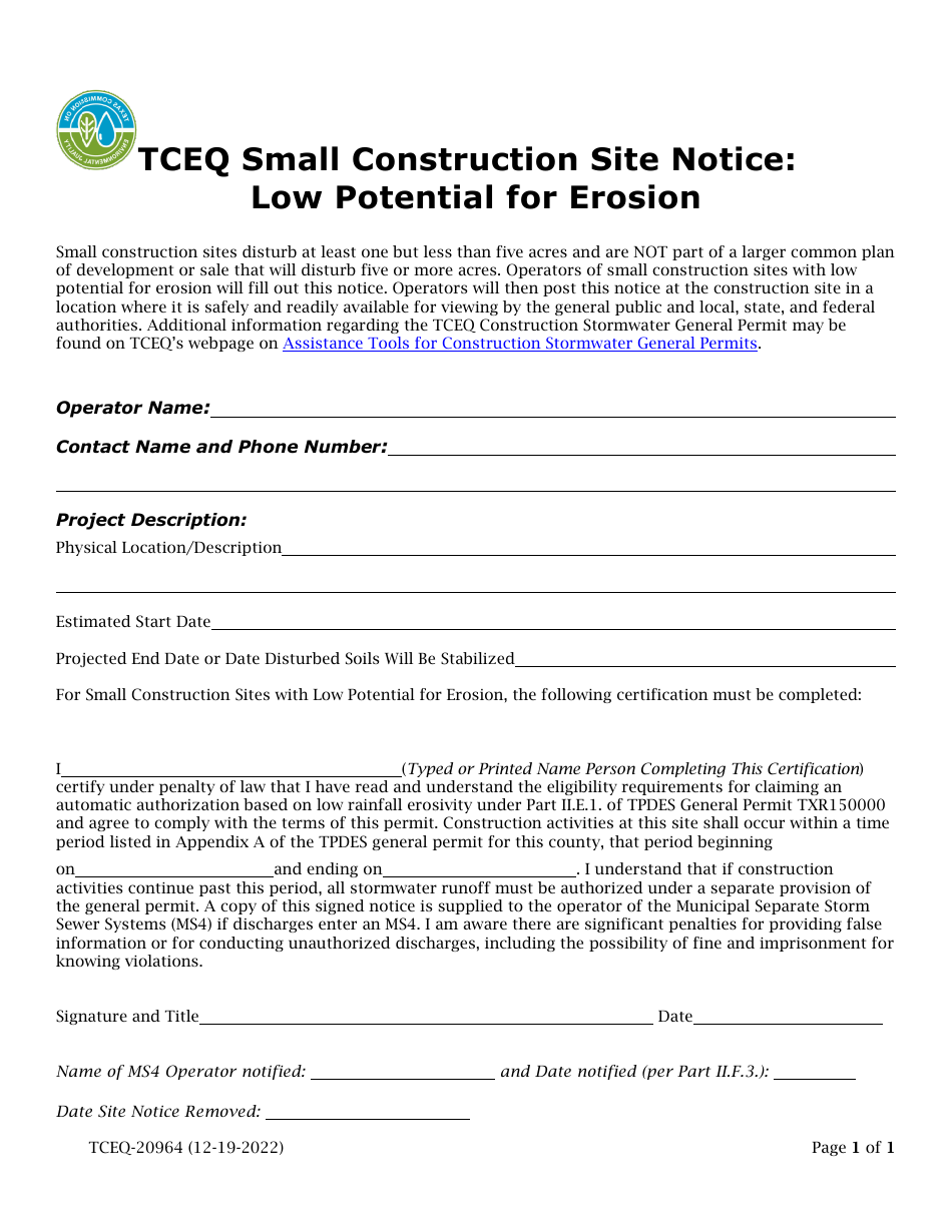 Form TCEQ-20964 Small Construction Site Notice: Low Potential for Erosion - Texas, Page 1