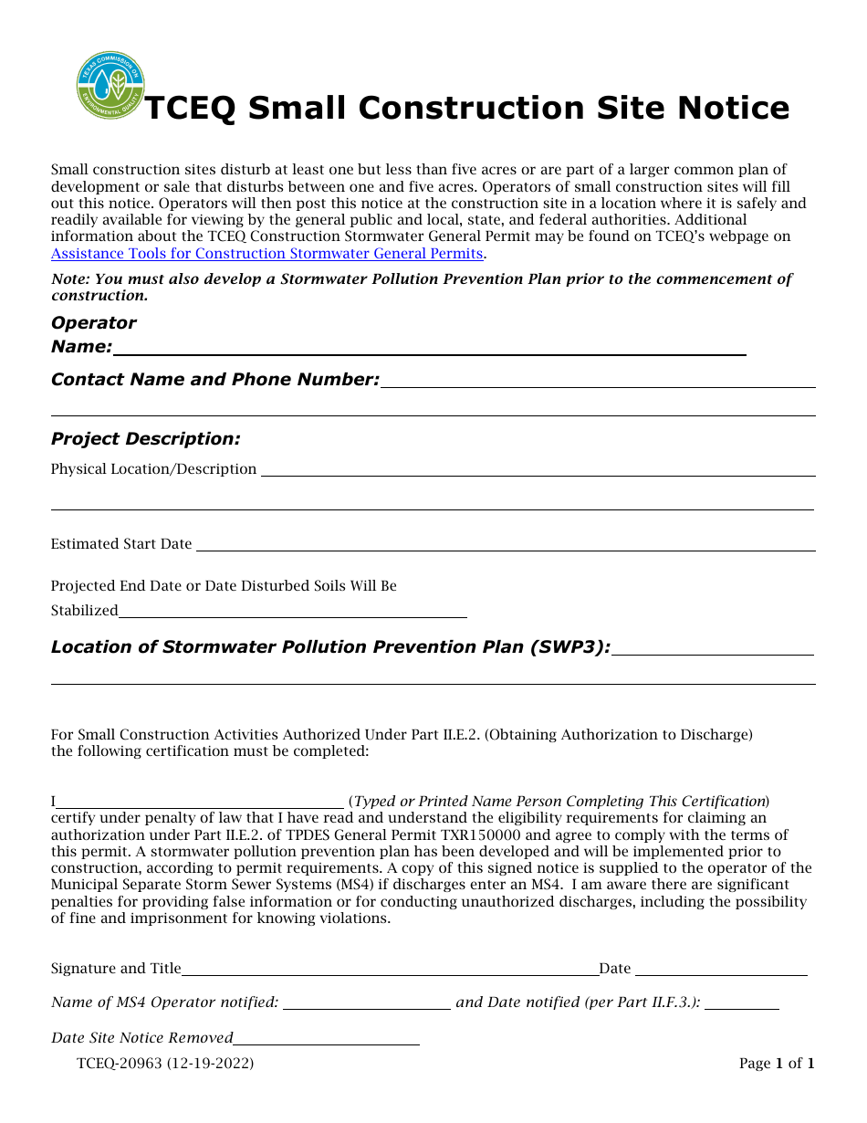 Form TCEQ-20963 Small Construction Site Notice - Texas, Page 1