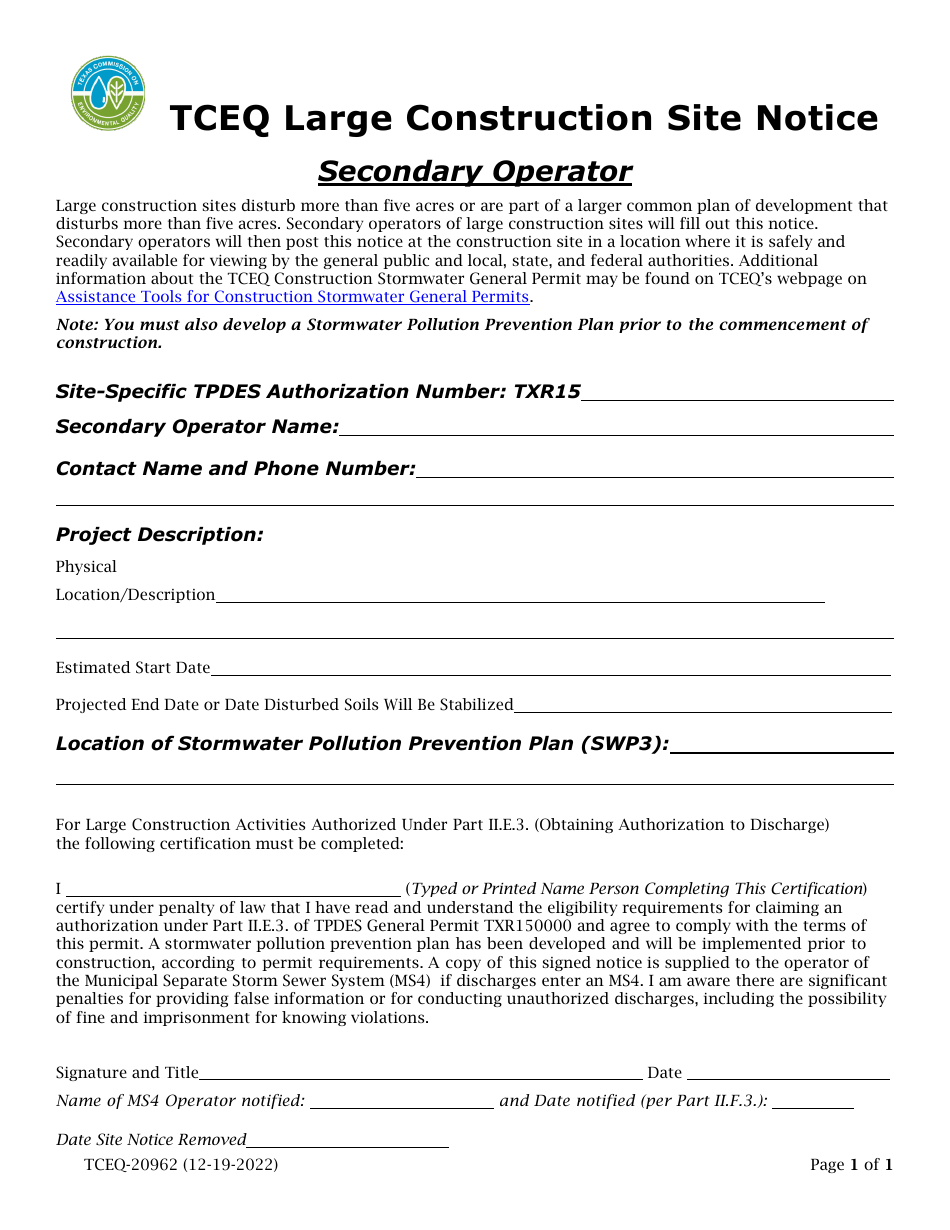 Form TCEQ20962 Fill Out, Sign Online and Download Printable PDF