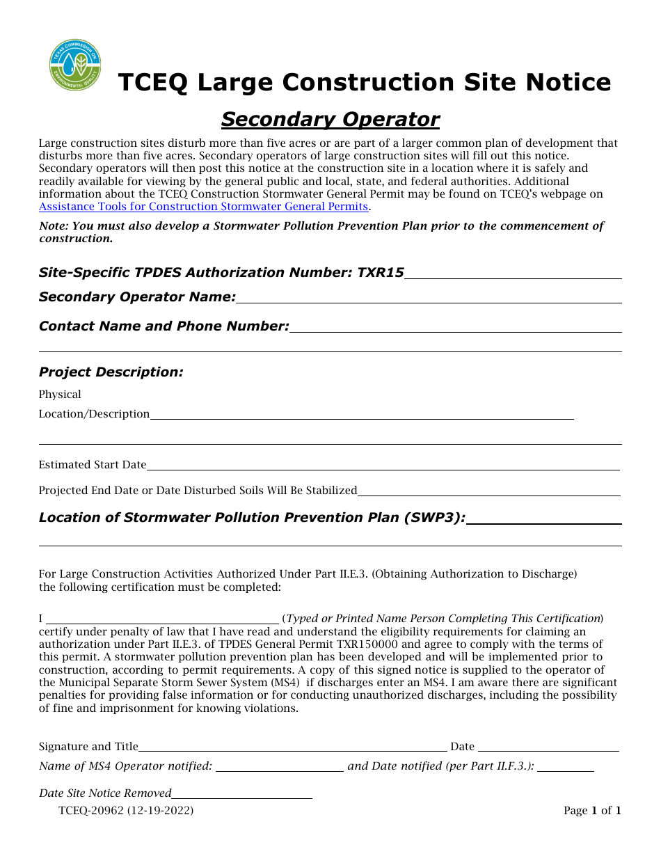 Form TCEQ-20962 Large Construction Site Notice for Secondary Operators - Texas, Page 1