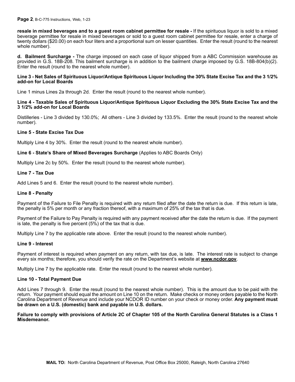 Instructions for Form B-C-775 Spirituous Liquor / Antique Spirituous Liquor Excise Tax Return - North Carolina, Page 2