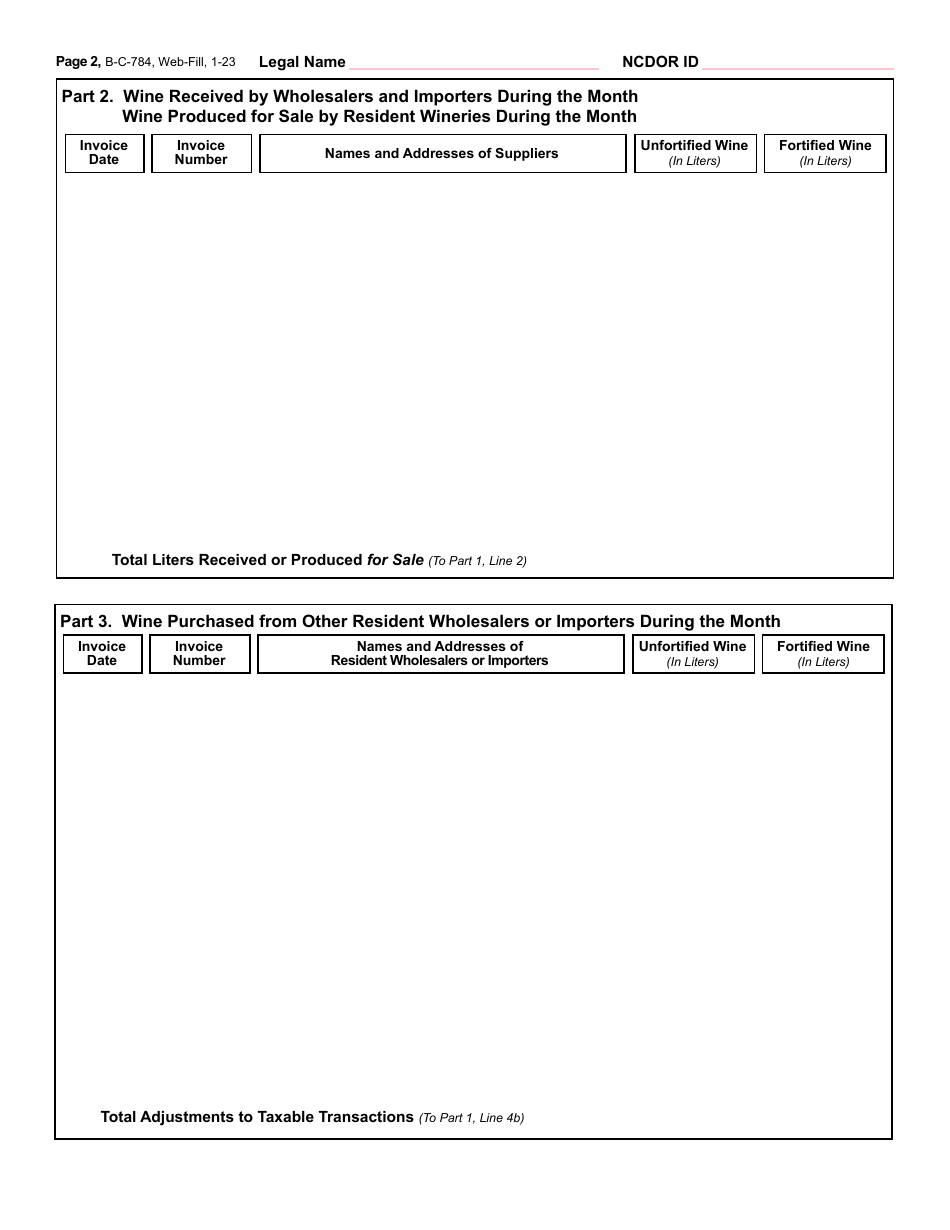 Form B-C-784 Wine Wholesaler and Importer and Resident Winery Excise Tax Return - North Carolina, Page 3