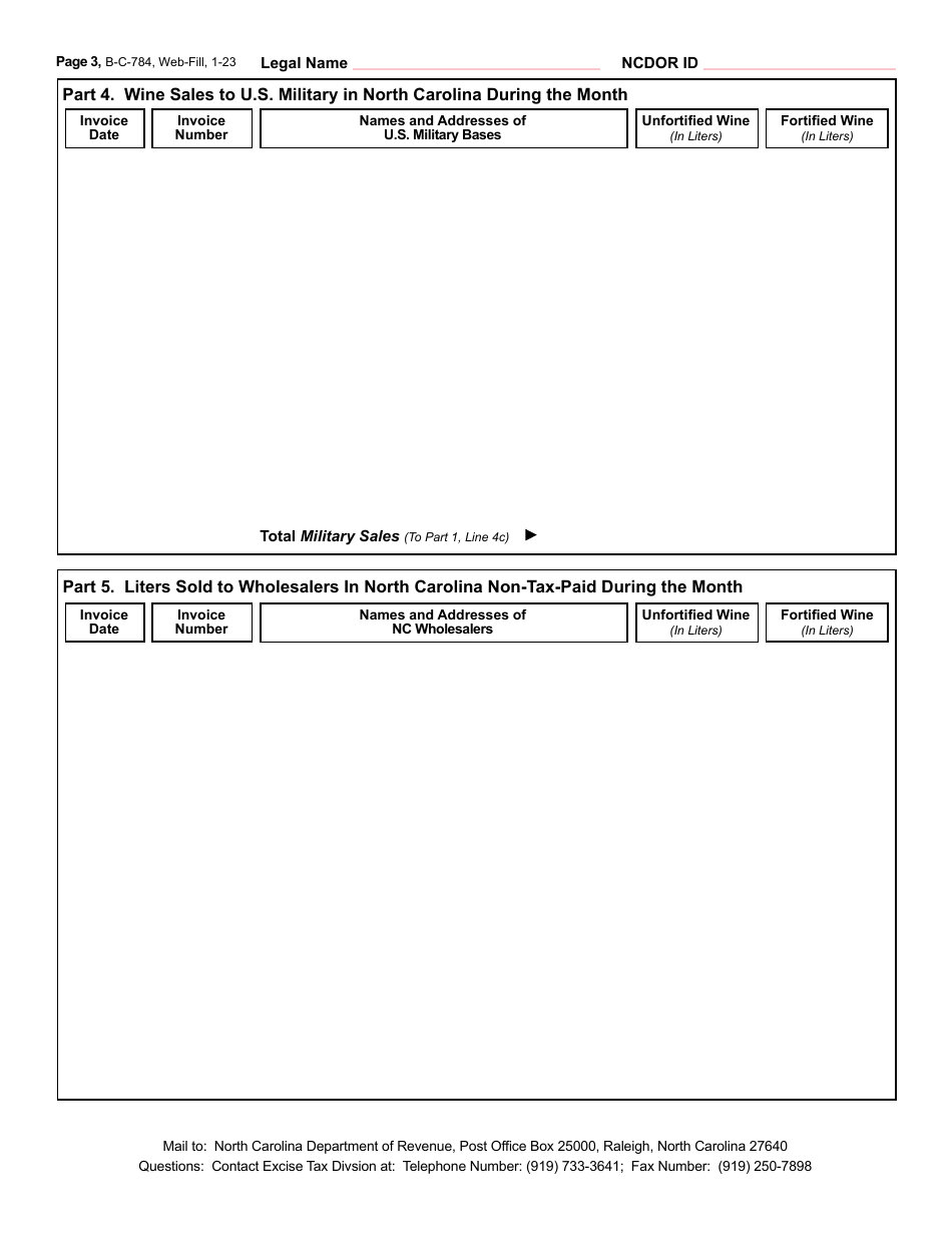 Form B-C-784 Wine Wholesaler and Importer and Resident Winery Excise Tax Return - North Carolina, Page 4