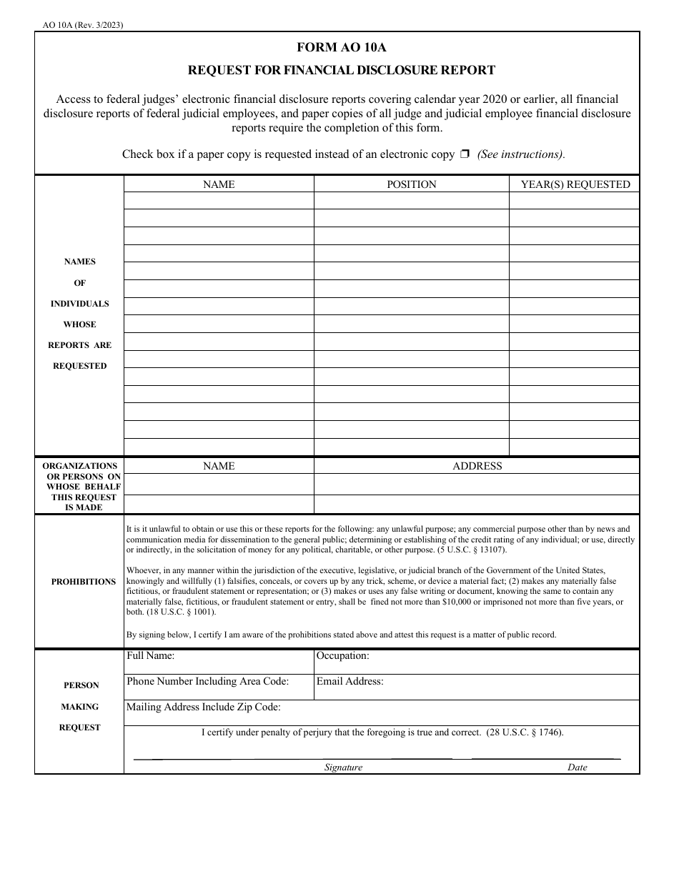 Form AO10A Request for Financial Disclosure Report, Page 1