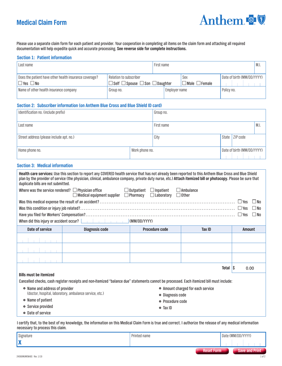 Anthem Medical Claim Form, Page 1