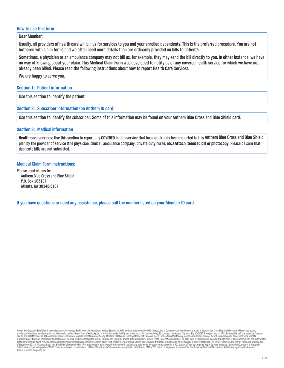 Anthem Medical Claim Form, Page 2