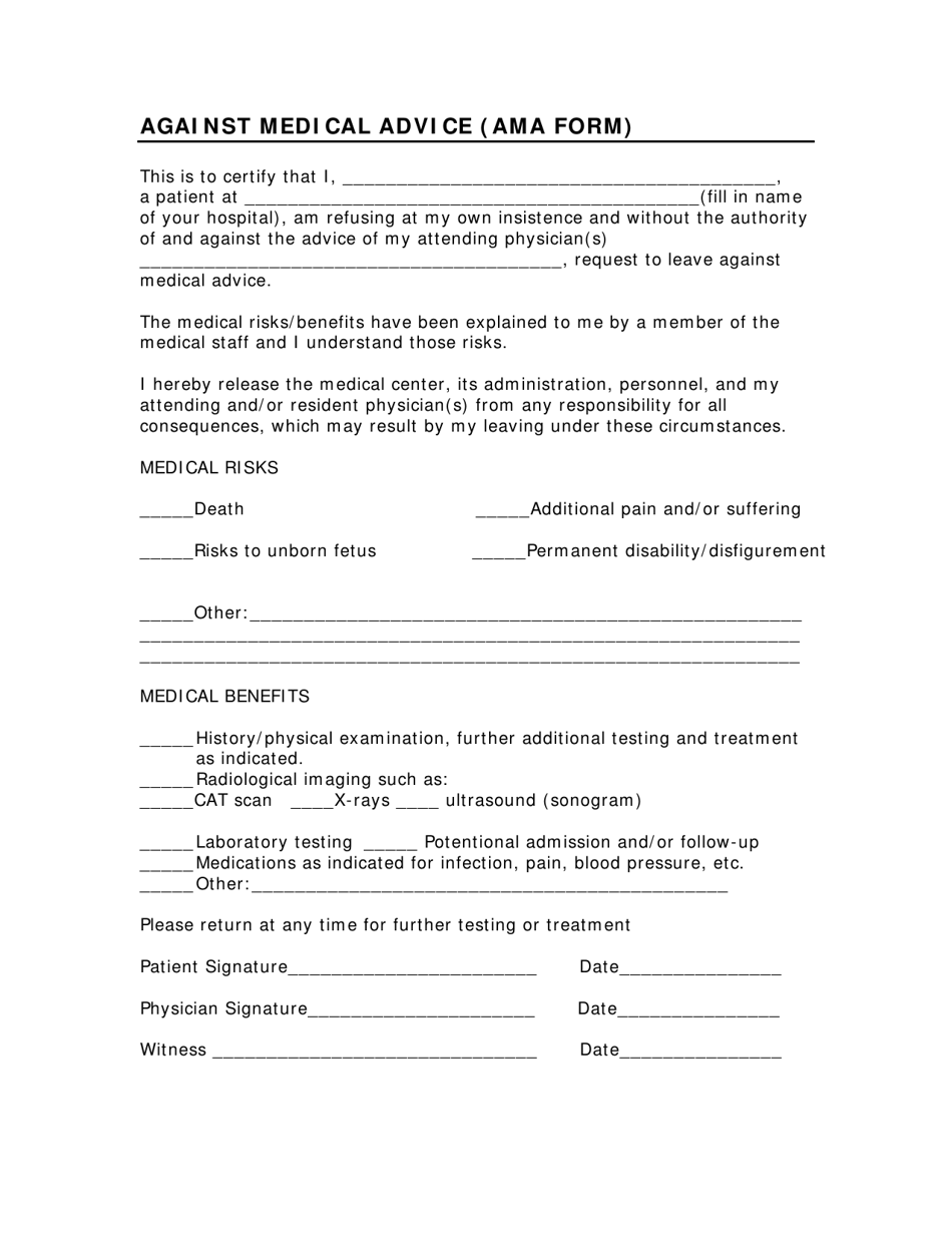 Against Medical Advice Form (Ama Form), Page 1