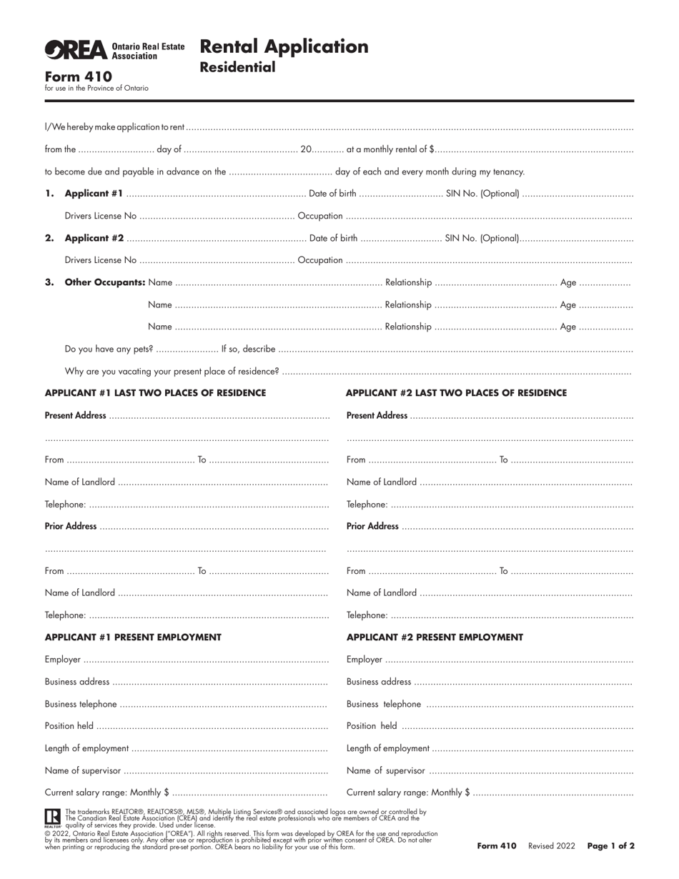Form 410 Rental Application - Ontario Real Estate Association - Ontario, Canada, Page 1