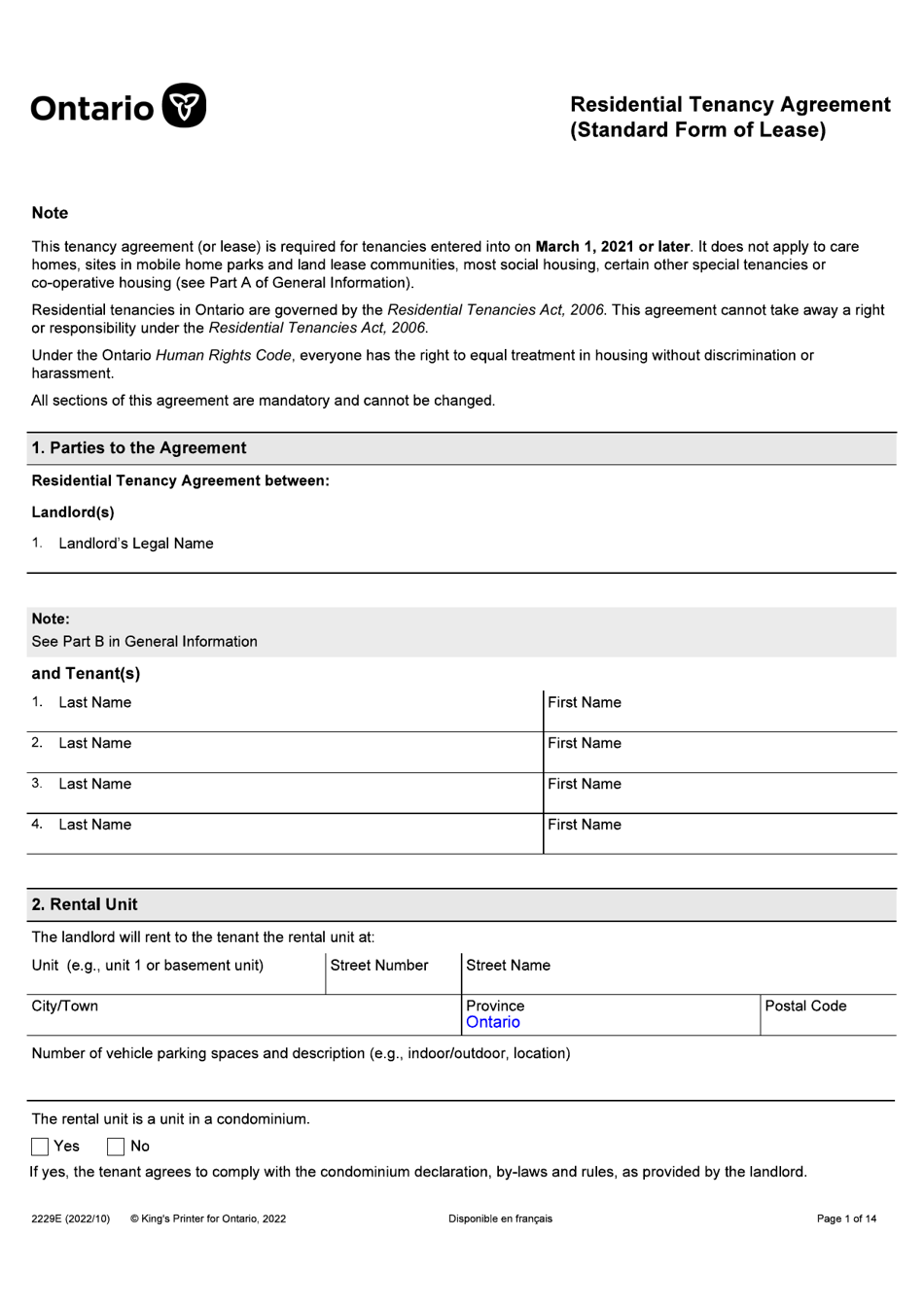 Form 2229E Residential Tenancy Agreement (Standard Form of Lease) - Ontario, Canada, Page 1