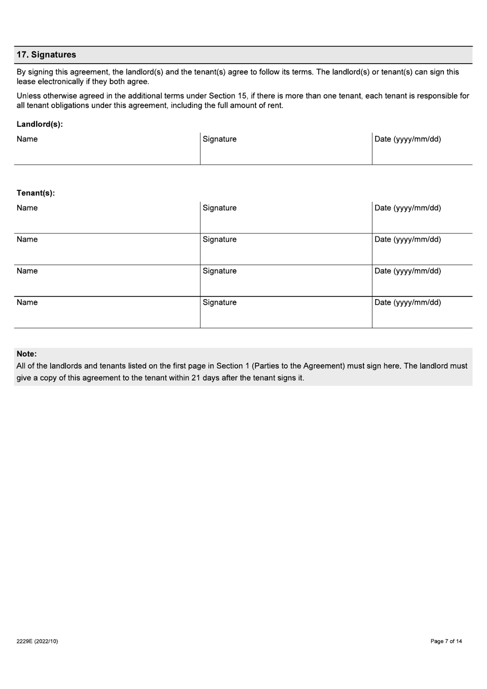 Form 2229E Residential Tenancy Agreement (Standard Form of Lease) - Ontario, Canada, Page 7