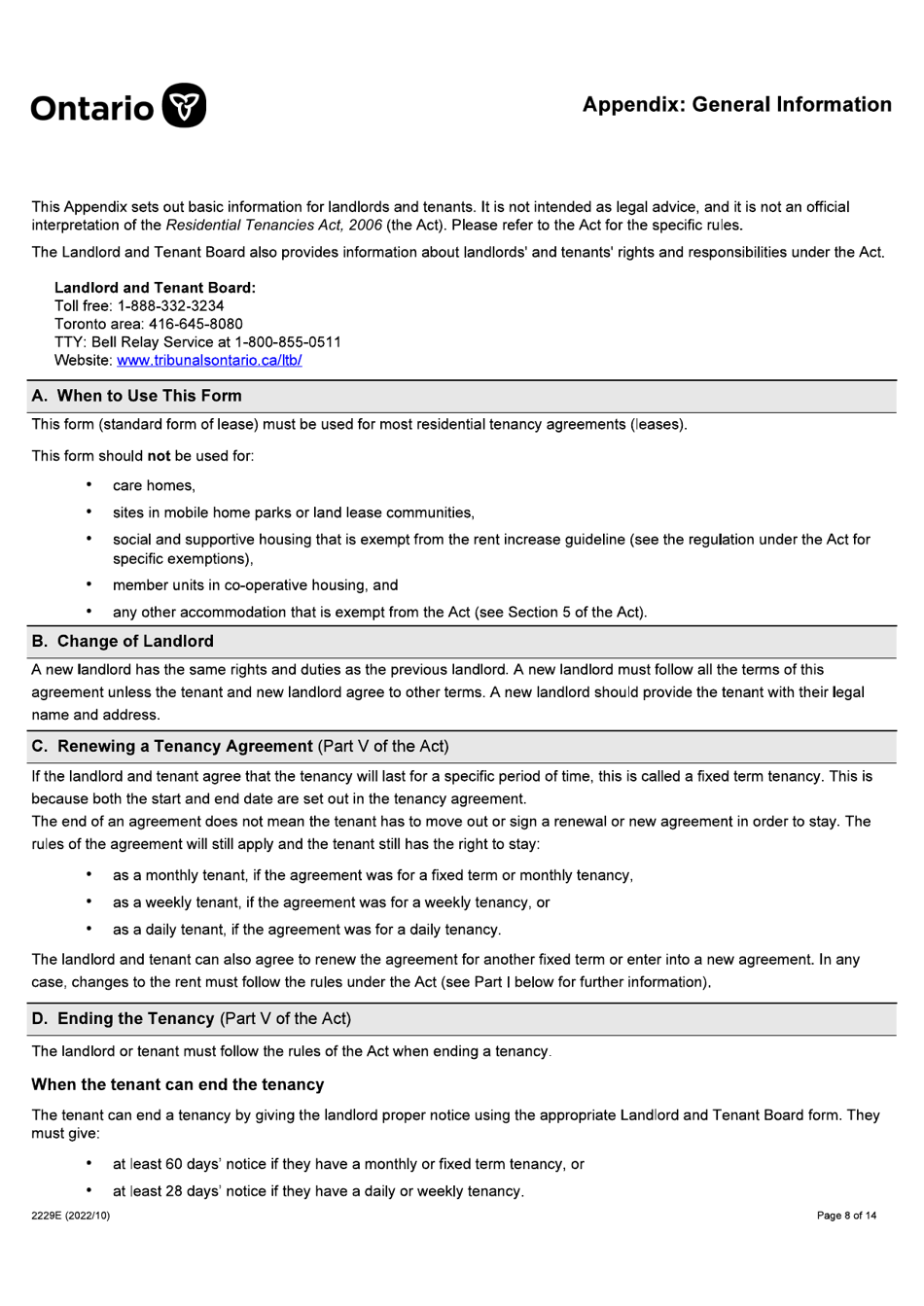 Form 2229E Residential Tenancy Agreement (Standard Form of Lease) - Ontario, Canada, Page 8