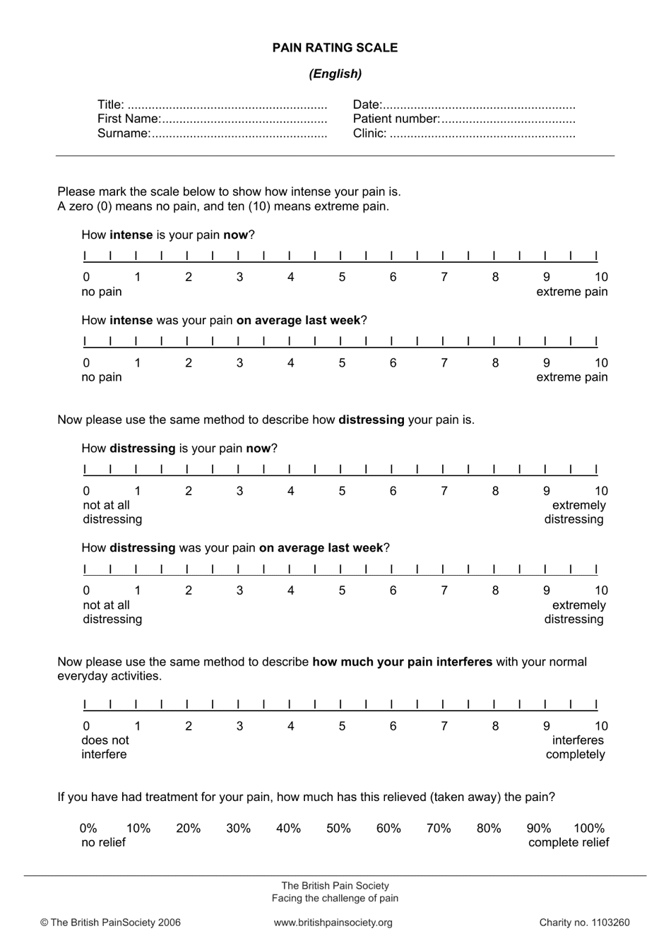 Pain Rating Scale - the British Pain Society (English / Chinese), Page 2