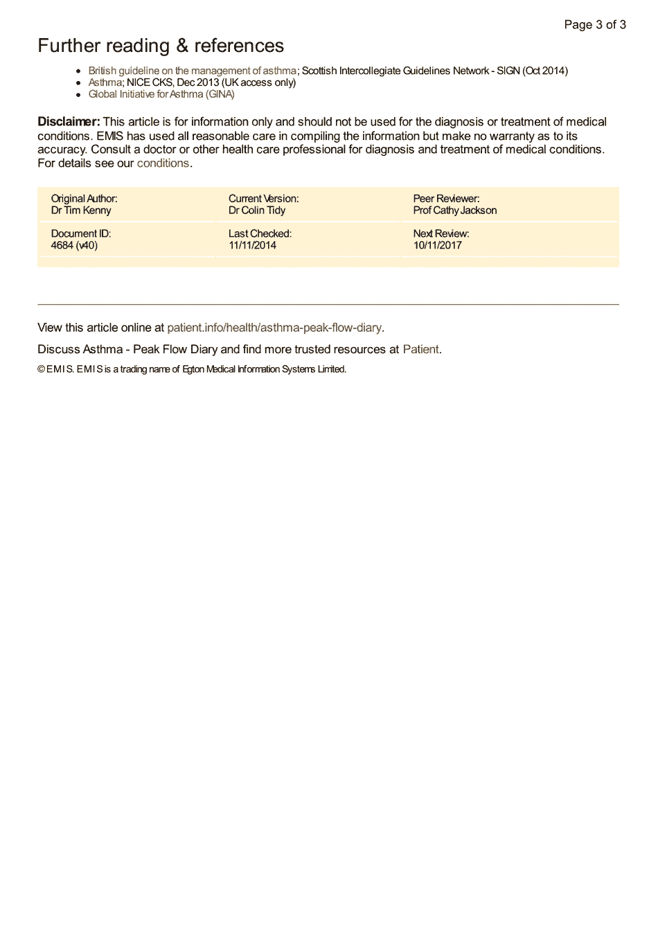 Asthma: Peak Flow Diary - Emis, Page 3