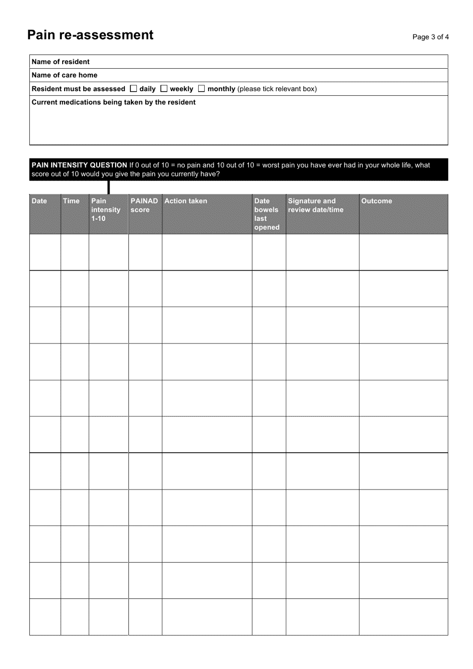 Care Home Pain Assessment Chart (With Painad Scale) Download Printable