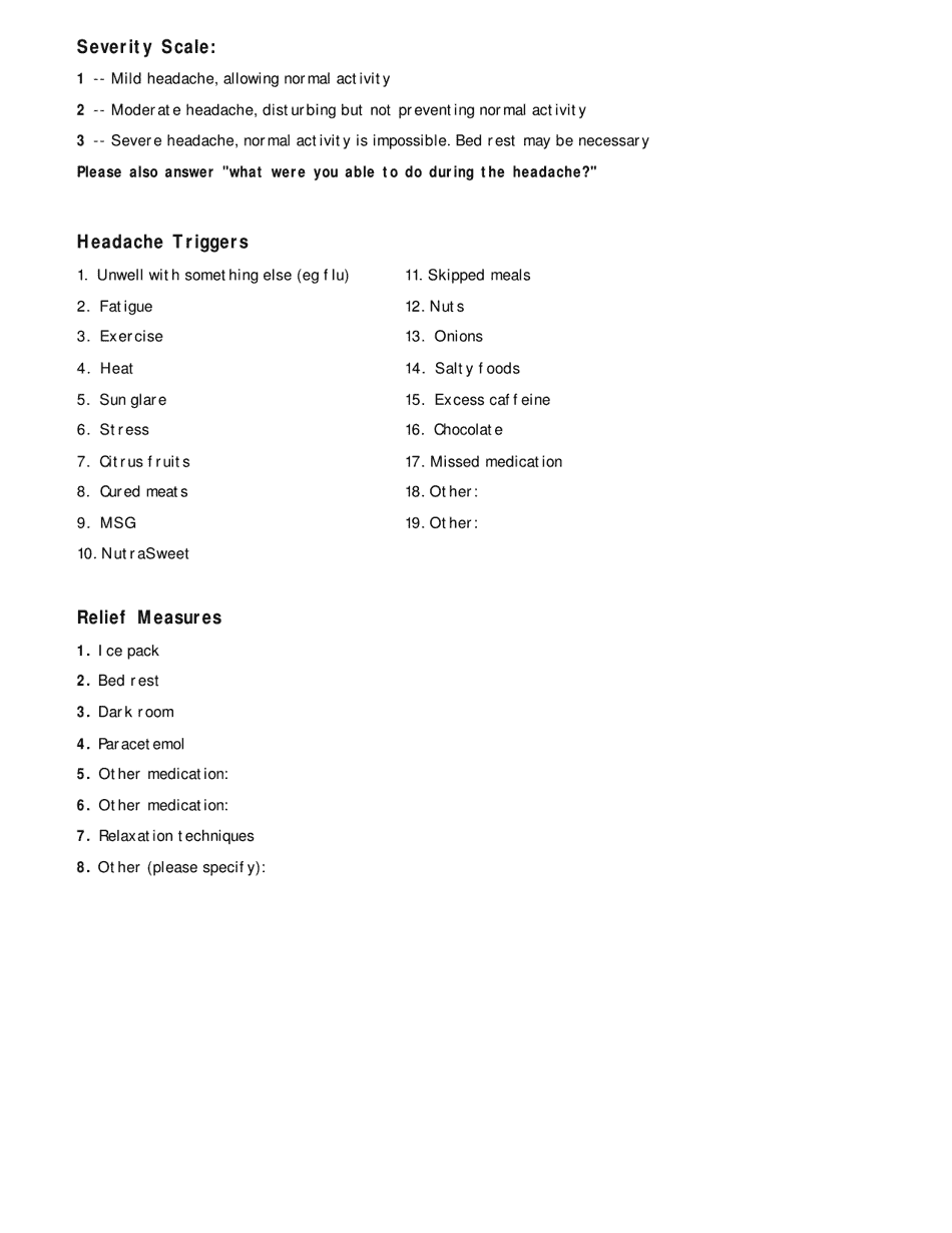 Headache Chart - Table With Severity Scale, Headache Triggers, Relief Measures, Page 2