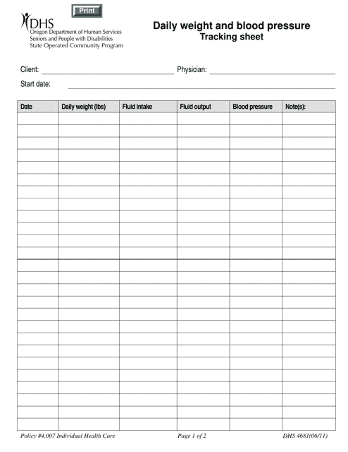Daily Weight and Blood Pressure Tracking Sheet - Oregon