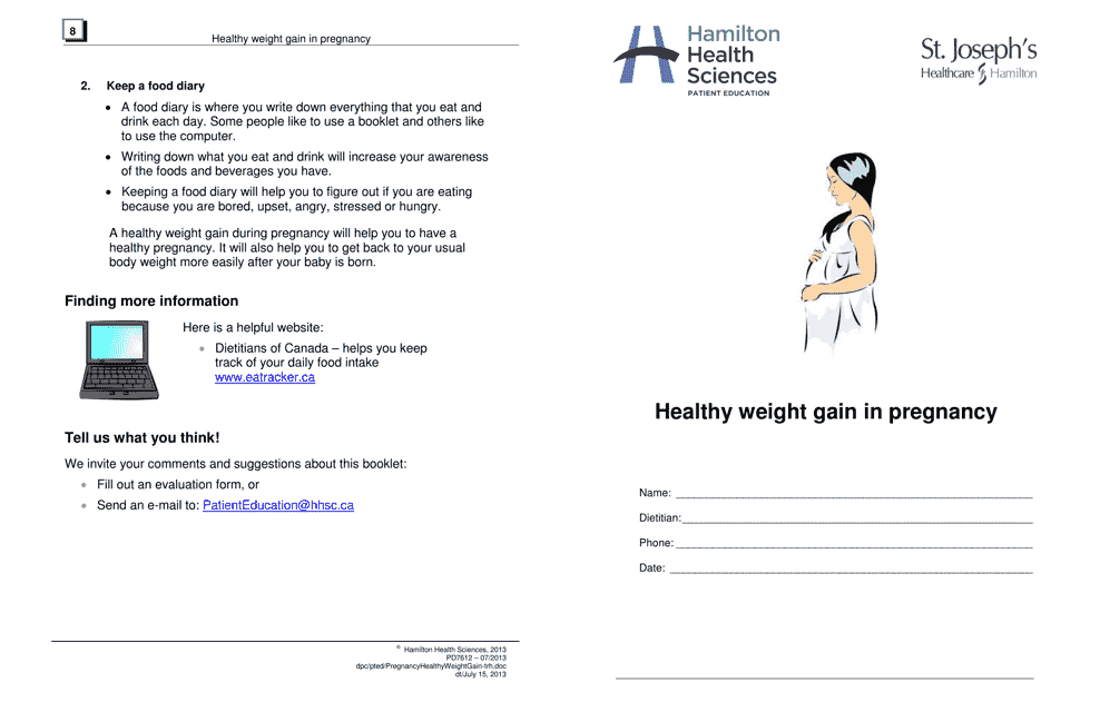 Pregnancy Weight Gain and Food Diary - Hamilton Health Sciences