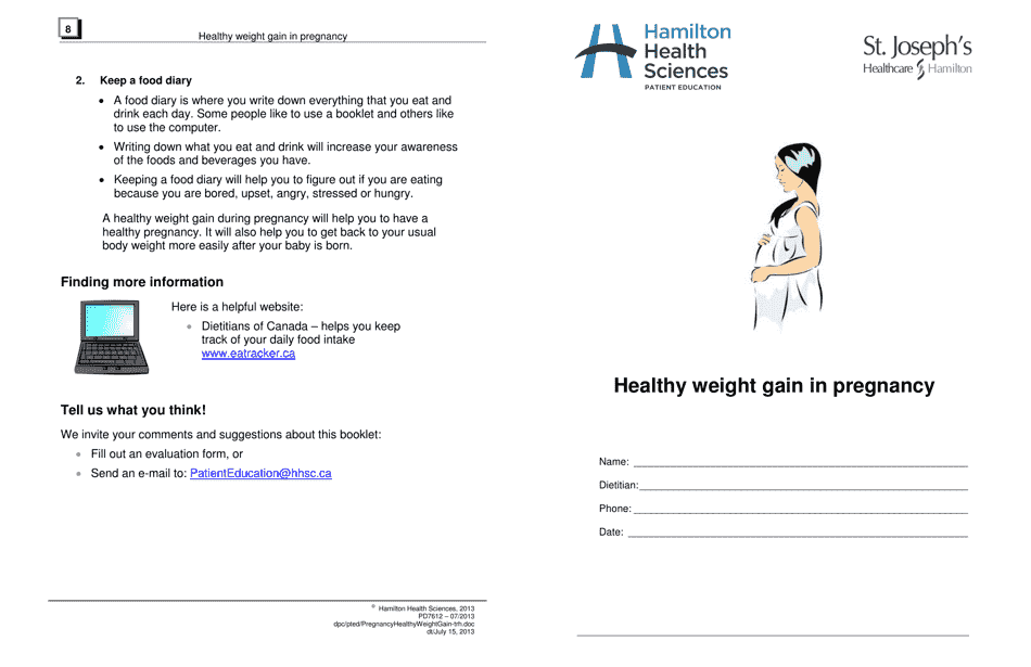 Pregnancy Weight Gain And Food Diary Hamilton Health Sciences 