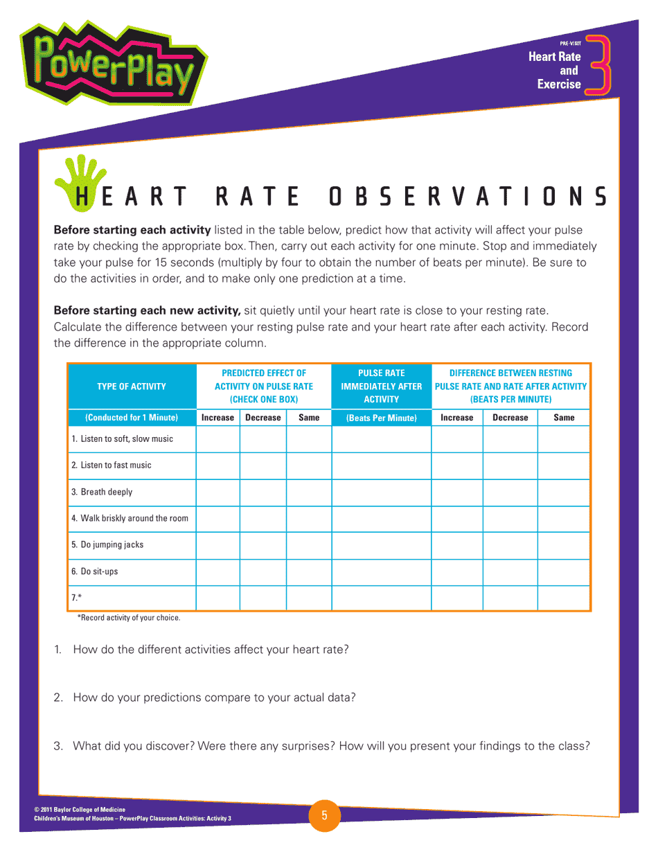 Heart Pulse Rate Observation Chart Baylor College of Medicine