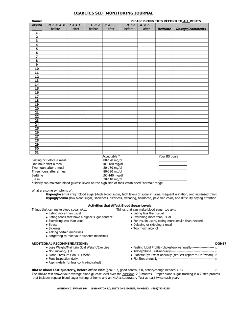 Diabetes Self-monitoring Journal Download Printable PDF | Templateroller image.
