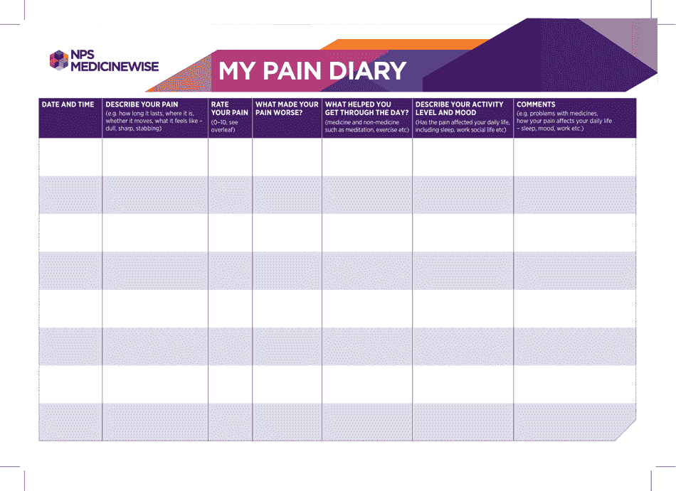 Pain Diary - Nps Medicinewise Download Printable PDF | Templateroller