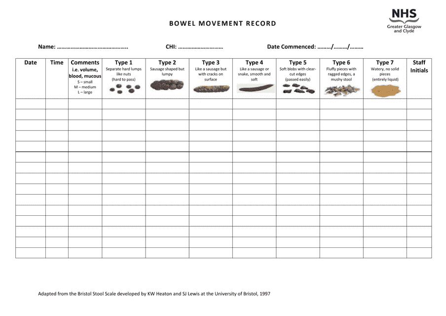 Bowel Movement Record Sheet - printable image preview