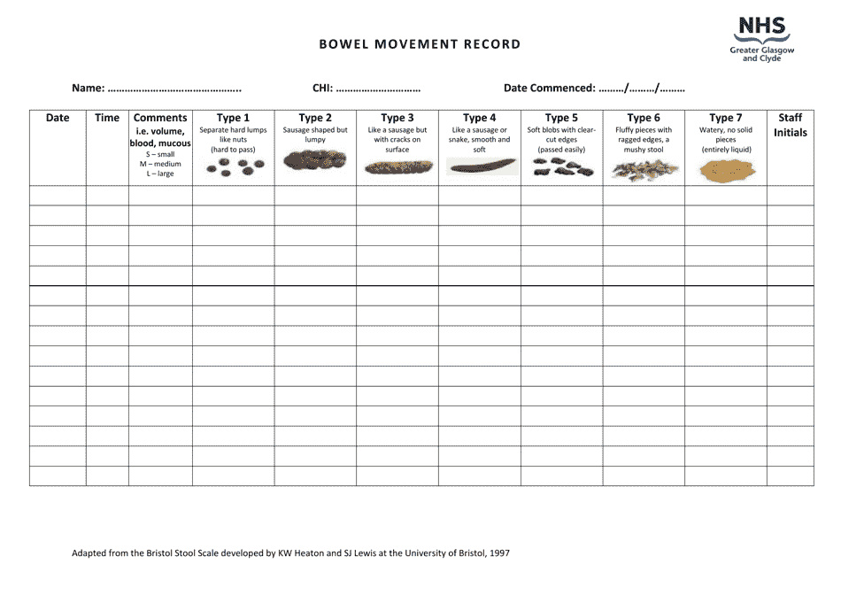 Bowel Movement Record Sheet - printable image preview