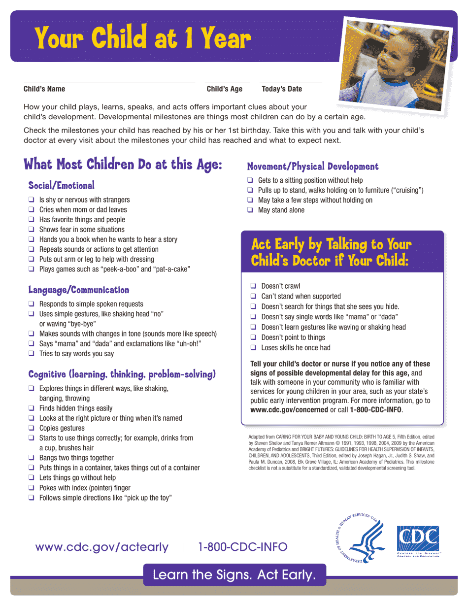 Child at 1 Year Developmental Milestones Checklist - American Academy of Pediatrics (English / Spanish), Page 1