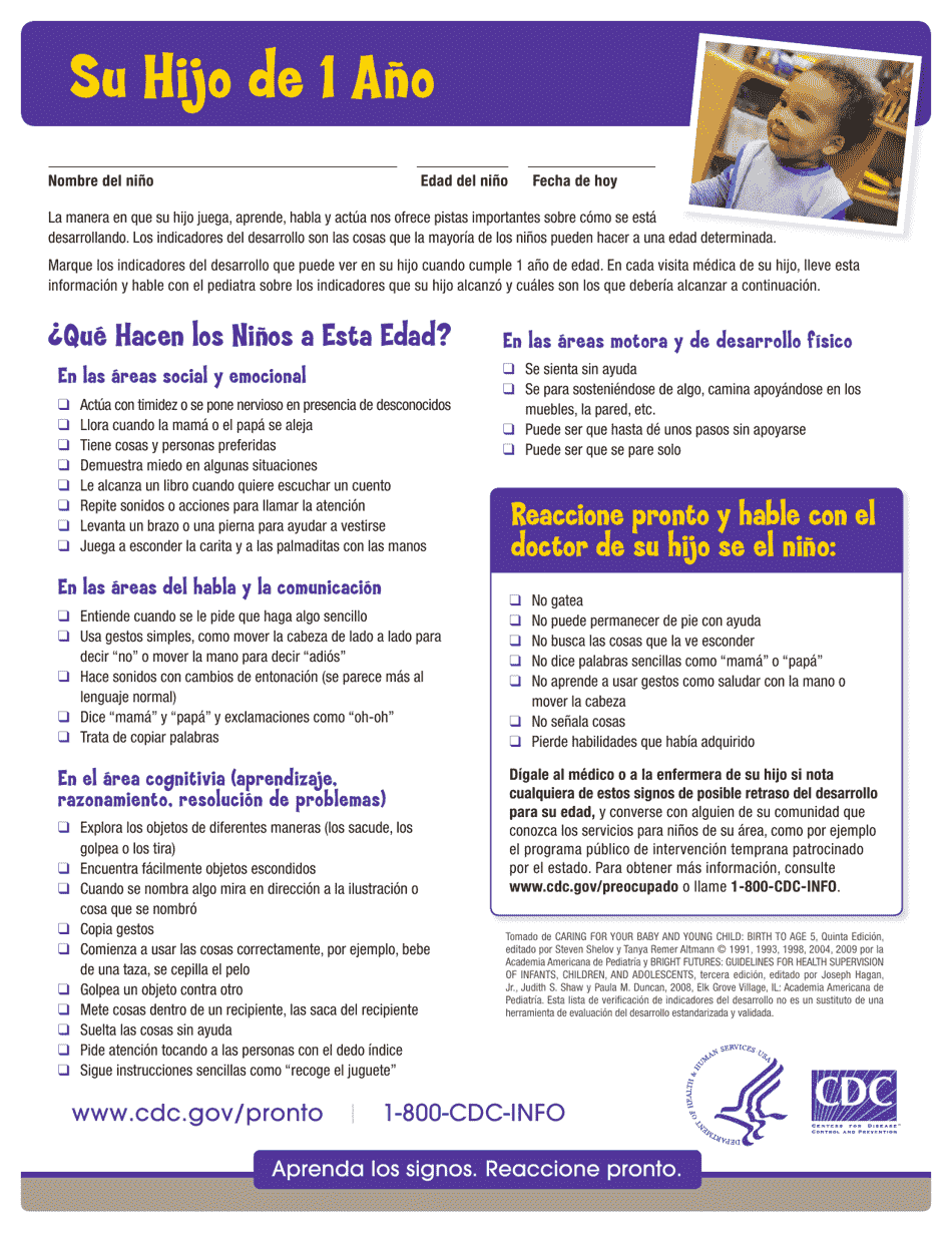 Child at 1 Year Developmental Milestones Checklist - American Academy of Pediatrics (English / Spanish), Page 2