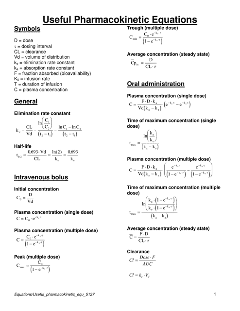 Useful Pharmacokinetic Equations