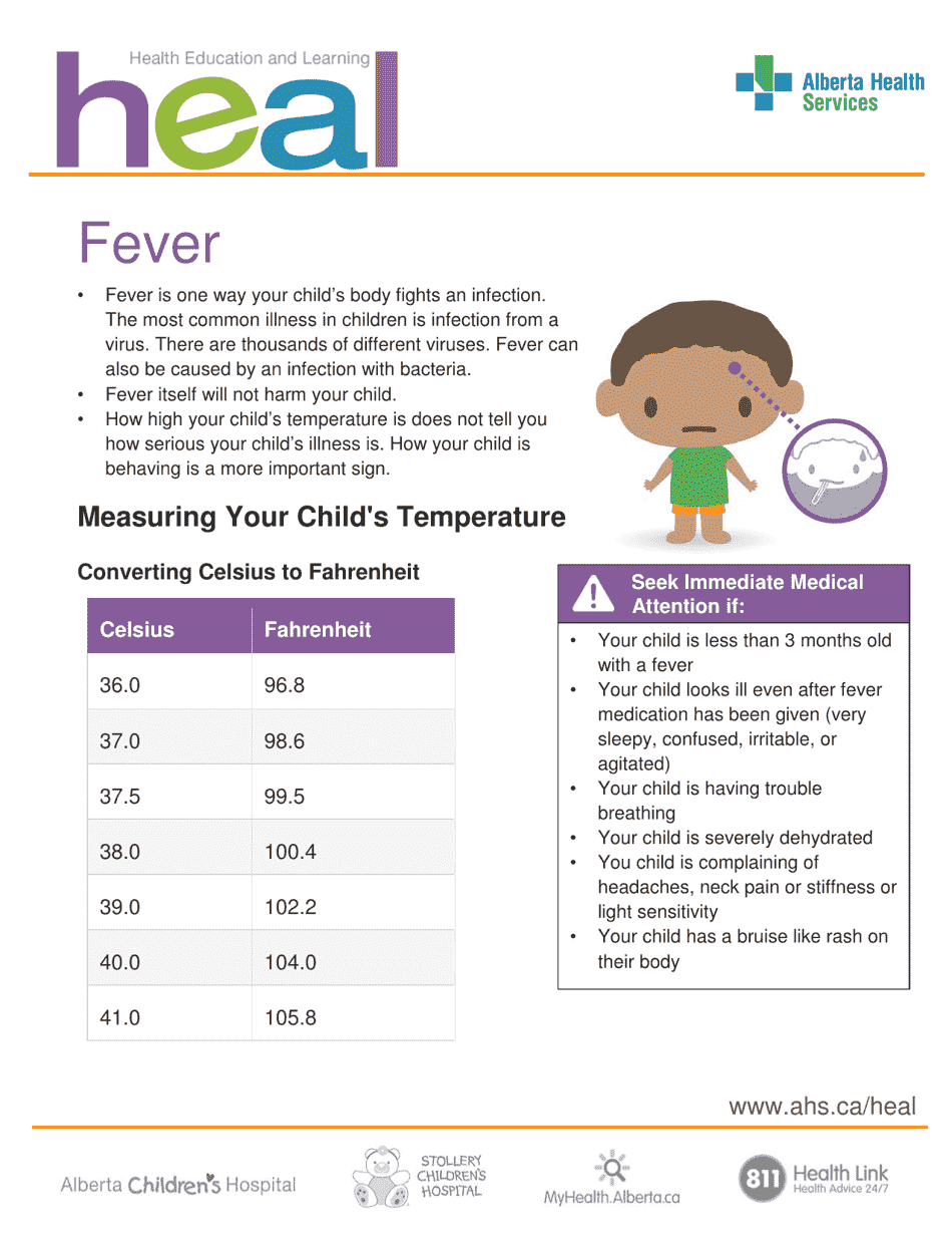 Childs Temperature Conversion  Fever Treatment Dosage Chart - Alberta, Canada, Page 1