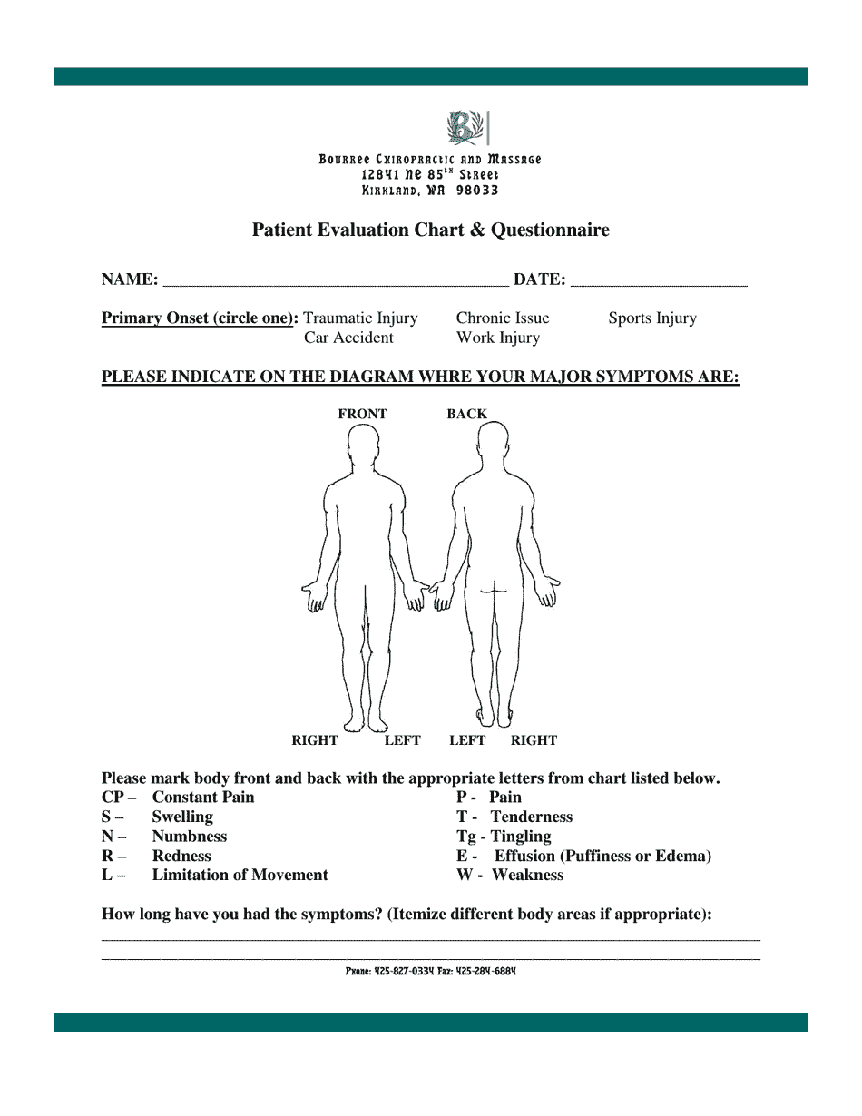 Patient Evaluation Chart & Questionnaire - Back & Neck Pain