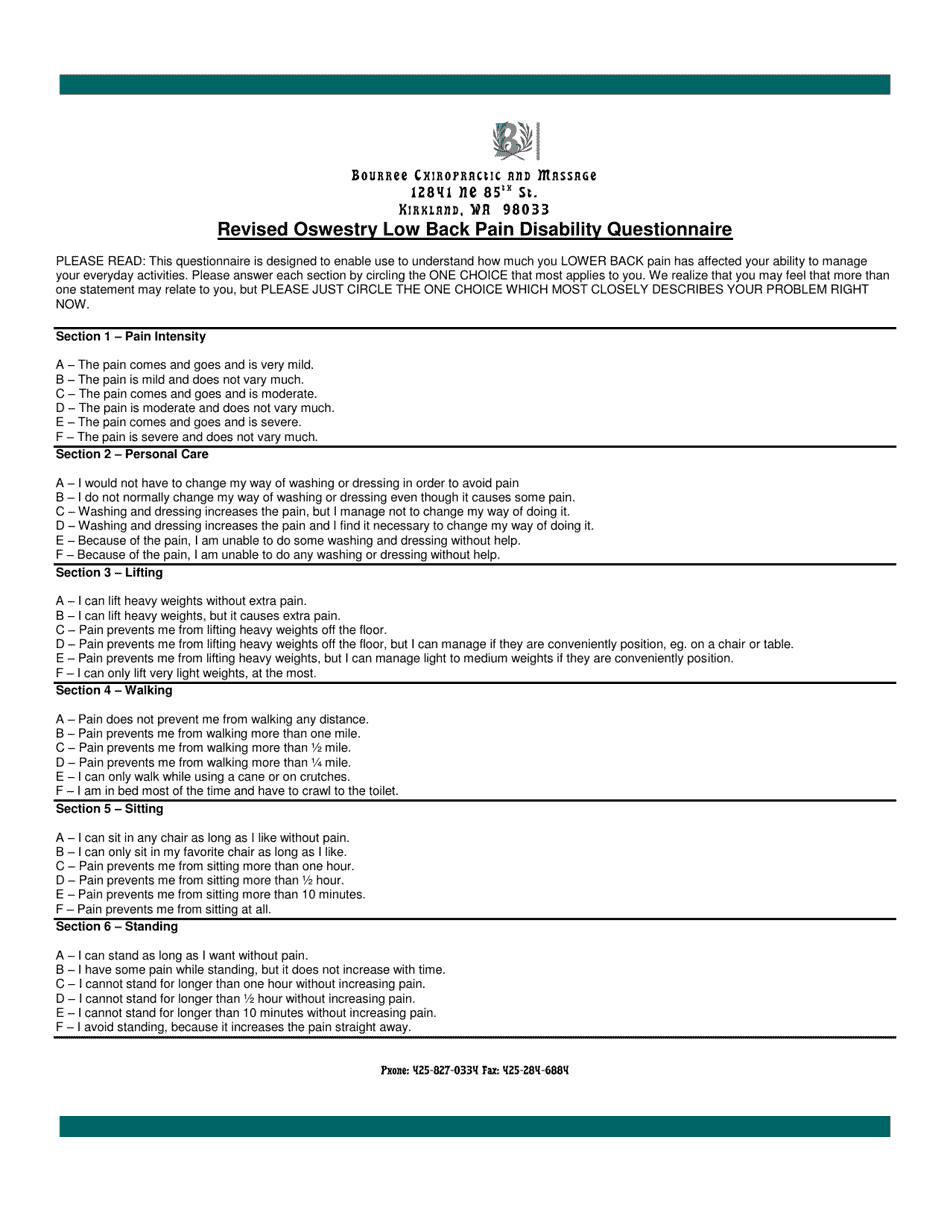 Patient Evaluation Chart  Questionnaire - Back  Neck Pain, Page 5