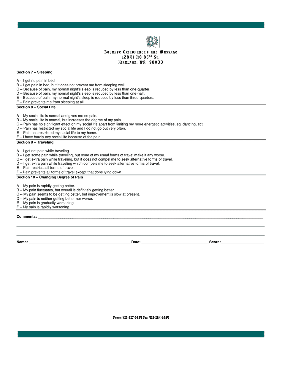 Patient Evaluation Chart  Questionnaire - Back  Neck Pain, Page 6