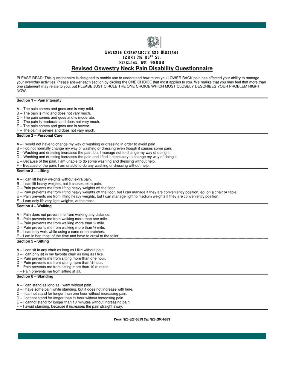 Patient Evaluation Chart  Questionnaire - Back  Neck Pain, Page 7