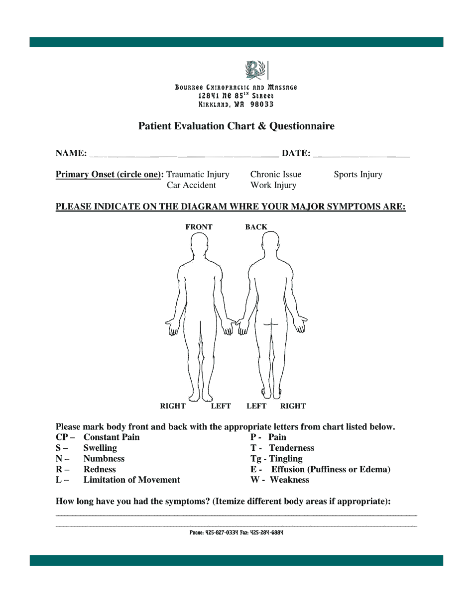 Patient Evaluation Chart & Questionnaire - Back & Neck Pain Download ...