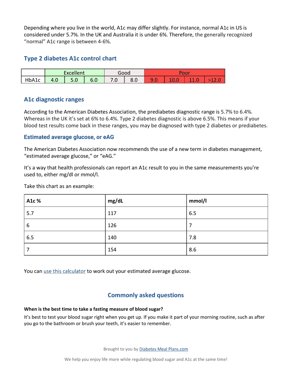 Blood Sugar and A1c Charts Download Printable PDF | Templateroller