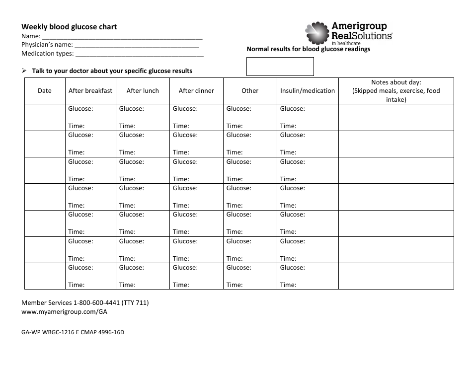 Weekly Blood Glucose Chart - Amerigroup Realsolutions in Healthcare ...