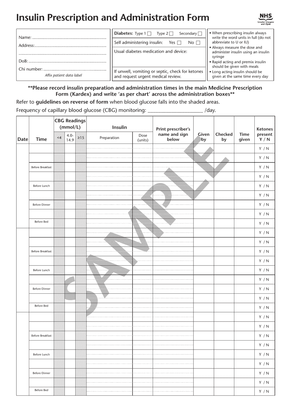 Insulin Prescription and Administration Form, Page 1
