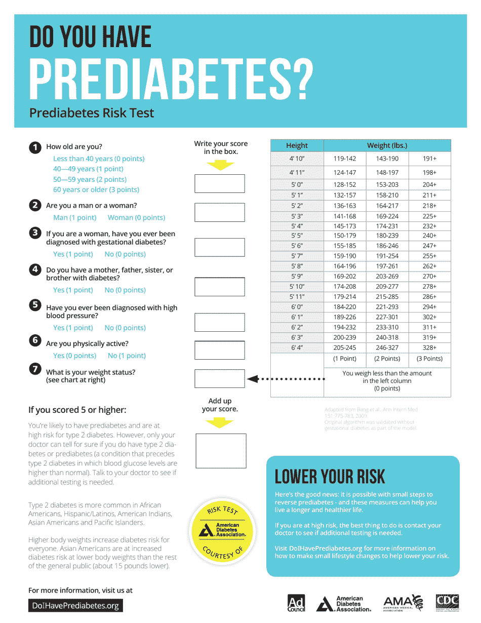 Close-up image of the Prediabetes Risk Test Worksheet