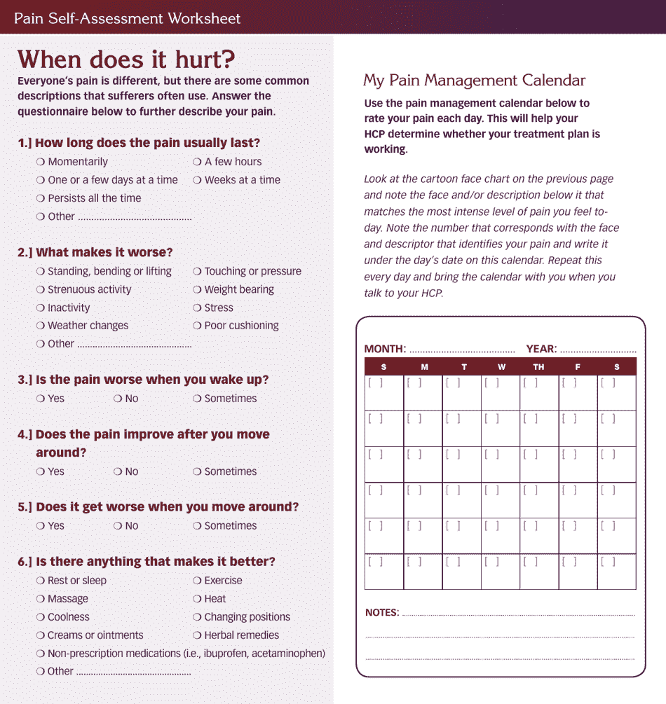 Pain Self-assessment Worksheet - Endo Pharmaceuticals, Page 4