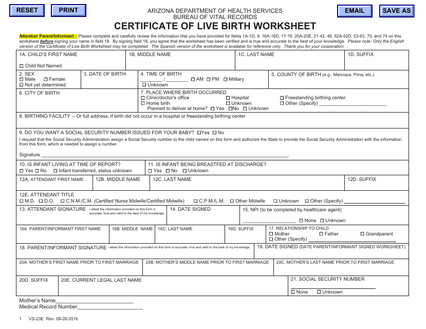 Form VS-23E Certificate of Live Birth Worksheet - Arizona
