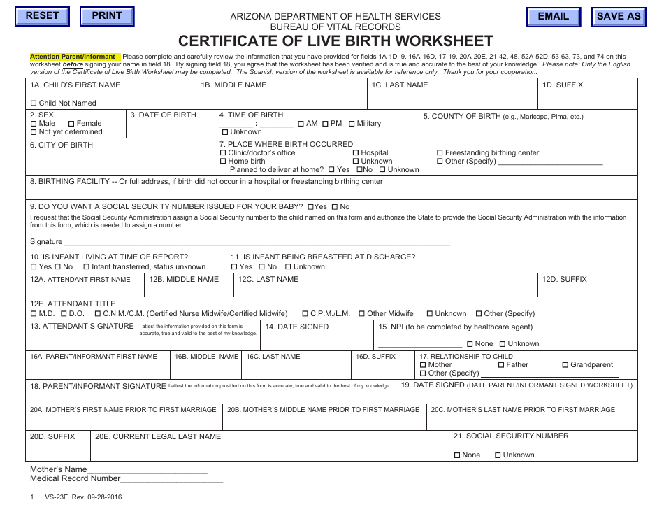 Form VS-23E Certificate of Live Birth Worksheet - Arizona, Page 1