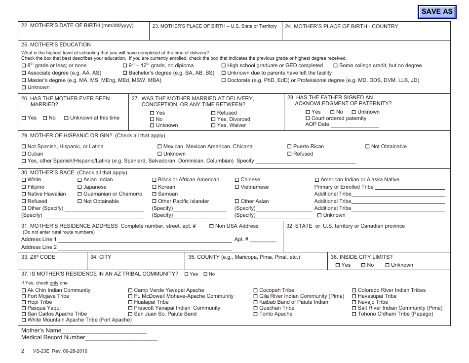 Form VS-23E Certificate of Live Birth Worksheet - Arizona, Page 2