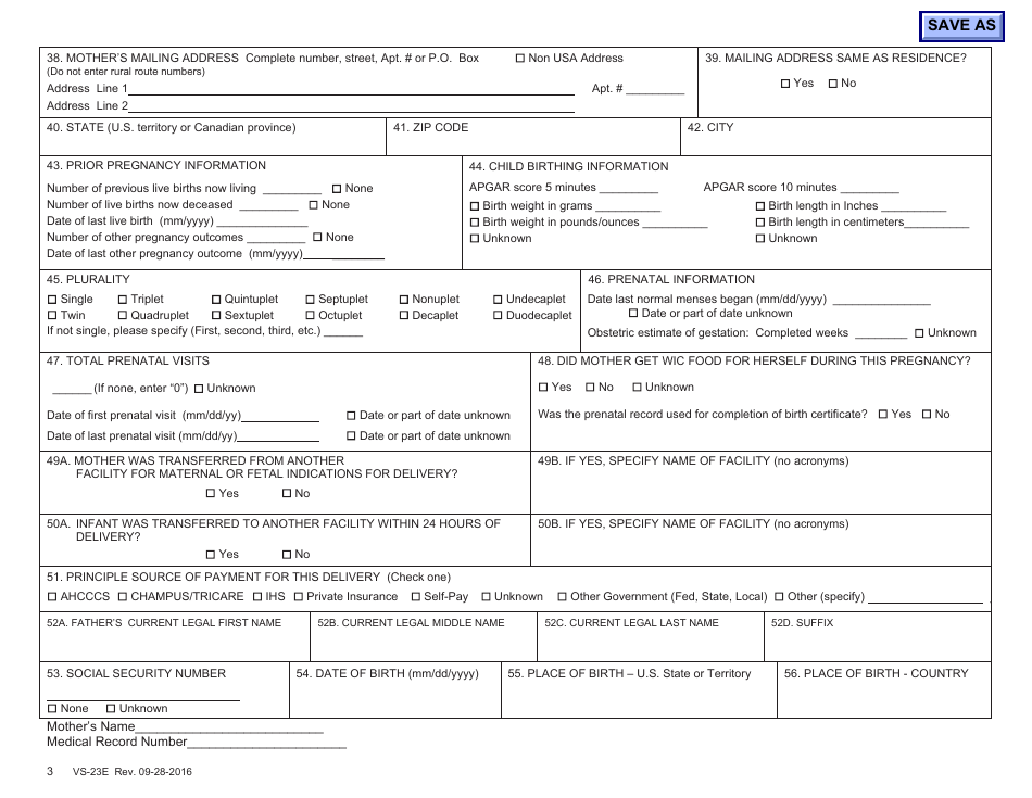 Form VS-23E Certificate of Live Birth Worksheet - Arizona, Page 3